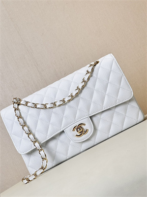 Chanel Medium Classic Flap Bag Grained Calfskin Gold Metal White 01112 TOP