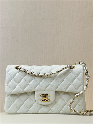 Chanel Small Classic Flap Bag Grained Calfskin Gold Tone Metal White 01117 TOP