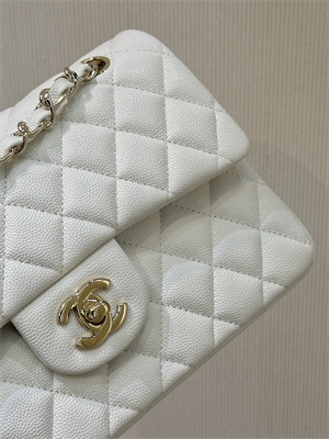Chanel Small Classic Flap Bag Grained Calfskin Gold Tone Metal White 01117 TOP