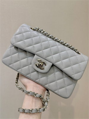 Chanel Small Classic Flap Bag Grained Calfskin Gold Tone Metal Grey 01117 TOP