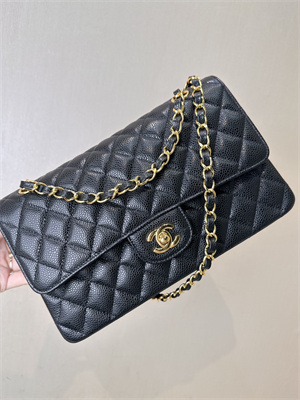 Chanel Medium Classic Flap Bag Grained Calfskin Gold Tone Metal Black 01112 TOP