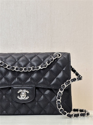 Chanel Small Classic Flap Bag Grained Calfskin Silver Tone Metal Black 01117 TOP