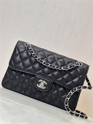 Chanel Small Classic Flap Bag Grained Calfskin Silver Tone Metal Black 01117 TOP
