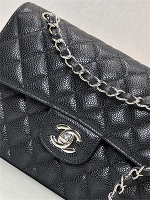 Chanel Small Classic Flap Bag Grained Calfskin Silver Tone Metal Black 01117 TOP