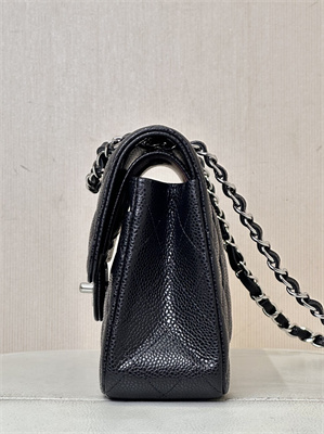 Chanel Small Classic Flap Bag Grained Calfskin Silver Tone Metal Black 01117 TOP