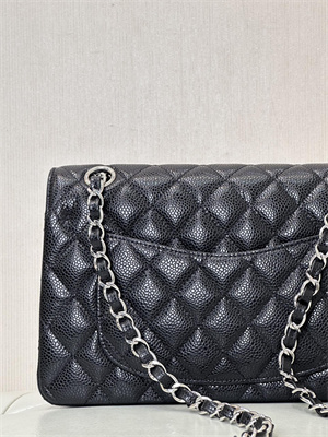 Chanel Small Classic Flap Bag Grained Calfskin Silver Tone Metal Black 01117 TOP