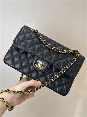 Chanel Small Classic Flap Bag Grained Calfskin Gold Tone Metal Black 01117 TOP