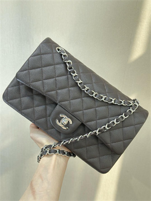 Chanel Medium Classic Flap Bag Grained Calfskin Silver Tone Metal Dk Coffee 01112 TOP