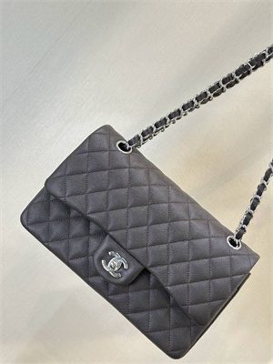 Chanel Medium Classic Flap Bag Grained Calfskin Silver Tone Metal Dk Coffee 01112 TOP