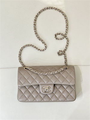 Chanel Small Classic Flap Bag Lambskin Gold Tone Metal  Cream Grey 01117 TOP