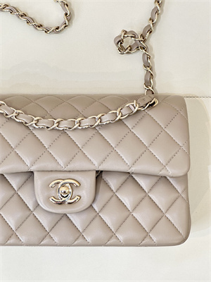 Chanel Small Classic Flap Bag Lambskin Gold Tone Metal  Cream Grey 01117 TOP