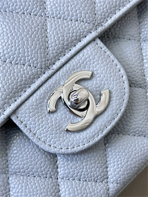Chanel Medium Classic Flap Bag Grained Calfskin Silver Tone Metal Dusty Blue 01112 TOP