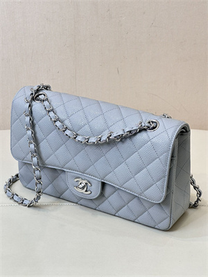 Chanel Medium Classic Flap Bag Grained Calfskin Silver Tone Metal Dusty Blue 01112 TOP
