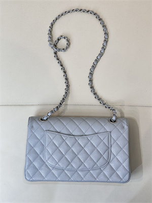 Chanel Medium Classic Flap Bag Grained Calfskin Silver Tone Metal Dusty Blue 01112 TOP