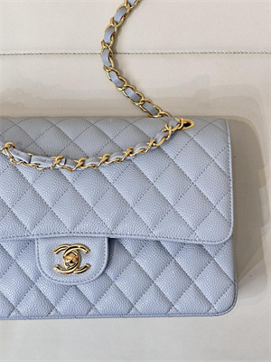 Chanel Medium Classic Flap Bag Grained Calfskin Gold Tone Metal Dusty Blue 01112 TOP