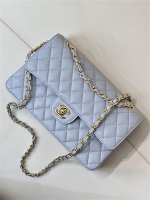 Chanel Medium Classic Flap Bag Grained Calfskin Gold Tone Metal Dusty Blue 01112 TOP