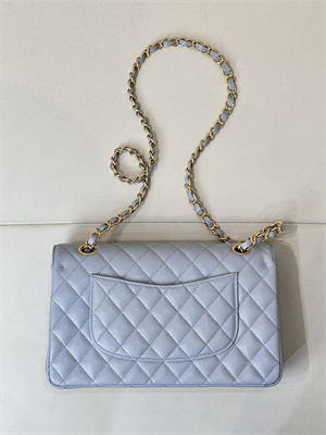 Chanel Medium Classic Flap Bag Grained Calfskin Gold Tone Metal Dusty Blue 01112 TOP