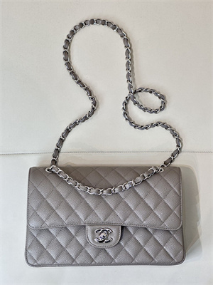 Chanel Medium Classic Flap Bag Grained Calfskin Silver Tone Metal Etoupe 01112 TOP