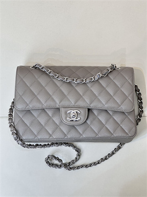 Chanel Medium Classic Flap Bag Grained Calfskin Silver Tone Metal Etoupe 01112 TOP