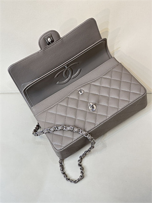 Chanel Medium Classic Flap Bag Grained Calfskin Silver Tone Metal Etoupe 01112 TOP