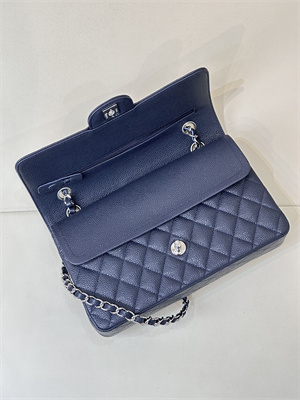 Chanel Medium Classic Flap Bag Grained Calfskin Silver Tone Metal Navy 01112 TOP