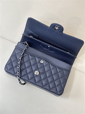 Chanel Medium Classic Flap Bag Grained Calfskin Silver Tone Metal Navy 01112 TOP
