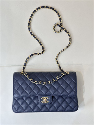 Chanel Medium Classic Flap Bag Grained Calfskin Gold Tone Metal Navy 01112 TOP