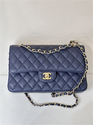 Chanel Medium Classic Flap Bag Grained Calfskin Gold Tone Metal Navy 01112 TOP