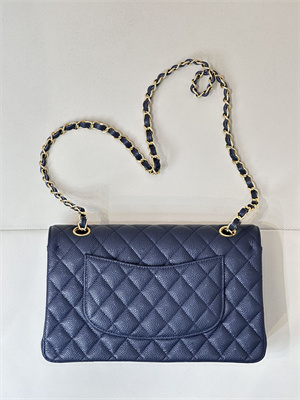 Chanel Medium Classic Flap Bag Grained Calfskin Gold Tone Metal Navy 01112 TOP