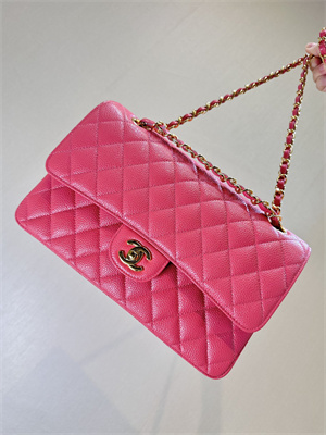 Chanel Medium Classic Flap Bag Grained Calfskin Gold Tone Metal Peach Red 01112 TOP