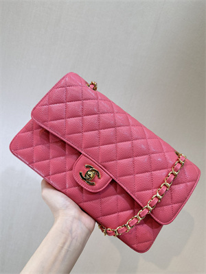 Chanel Medium Classic Flap Bag Grained Calfskin Gold Tone Metal Peach Red 01112 TOP