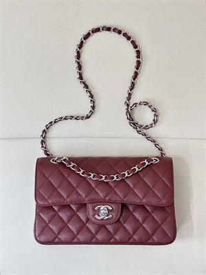Chanel Small Classic Flap Bag Grained Calfskin Silver Tone Metal Burgundy 01117 TOP