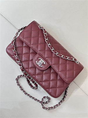Chanel Small Classic Flap Bag Grained Calfskin Silver Tone Metal Burgundy 01117 TOP