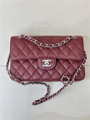 Chanel Small Classic Flap Bag Grained Calfskin Silver Tone Metal Burgundy 01117 TOP