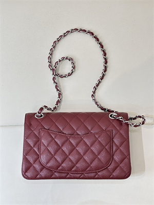 Chanel Small Classic Flap Bag Grained Calfskin Silver Tone Metal Burgundy 01117 TOP