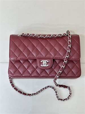 Chanel Medium Classic Flap Bag Grained Calfskin Silver Tone Metal Burgundy 01112 TOP