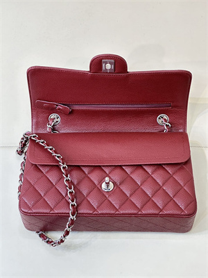 Chanel Medium Classic Flap Bag Grained Calfskin Silver Tone Metal Burgundy 01112 TOP
