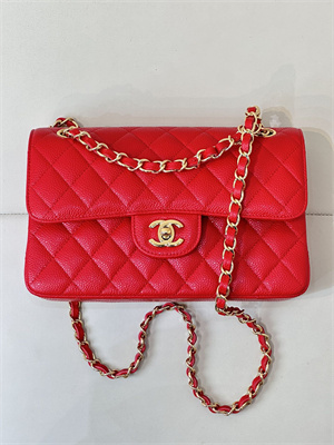 Chanel Small Classic Flap Bag Grained Calfskin Gold Tone Metal Red 01117 TOP