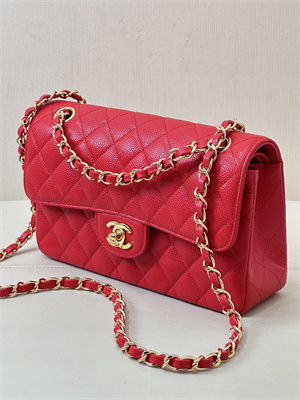 Chanel Small Classic Flap Bag Grained Calfskin Gold Tone Metal Red 01117 TOP