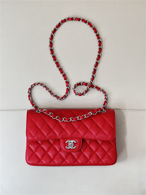 Chanel Small Classic Flap Bag Grained Calfskin Silver Tone Metal Red 01117 TOP