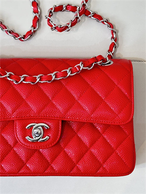 Chanel Small Classic Flap Bag Grained Calfskin Silver Tone Metal Red 01117 TOP