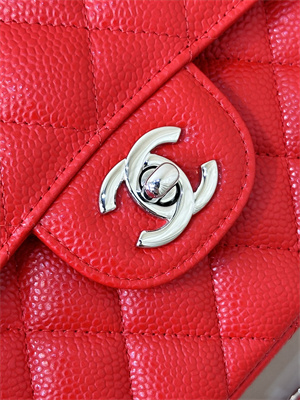 Chanel Small Classic Flap Bag Grained Calfskin Silver Tone Metal Red 01117 TOP