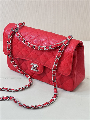 Chanel Small Classic Flap Bag Grained Calfskin Silver Tone Metal Red 01117 TOP