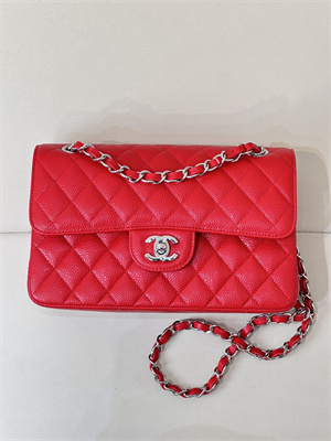 Chanel Small Classic Flap Bag Grained Calfskin Silver Tone Metal Red 01117 TOP