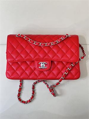 Chanel Medium Classic Flap Bag Grained Calfskin Silver Tone Metal Chinese Red 01112 TOP
