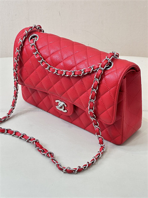 Chanel Medium Classic Flap Bag Grained Calfskin Silver Tone Metal Chinese Red 01112 TOP