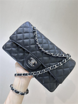 Chanel Medium Classic Flap Bag Grained Calfskin Silver Tone Metal Black 01112 TOP