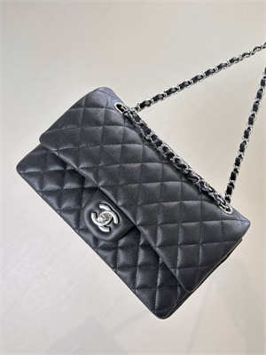 Chanel Medium Classic Flap Bag Grained Calfskin Silver Tone Metal Black 01112 TOP