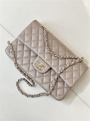 Chanel Medium Classic Flap Bag Lambskin Gold Tone Metal Cream Grey 01112 TOP