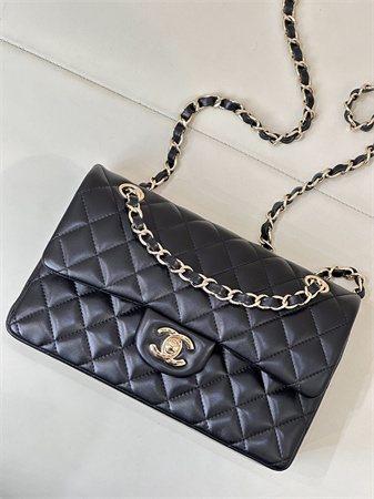 Chanel Small Classic Flap Bag Lambskin Gold Tone Metal Black 01117 TOP